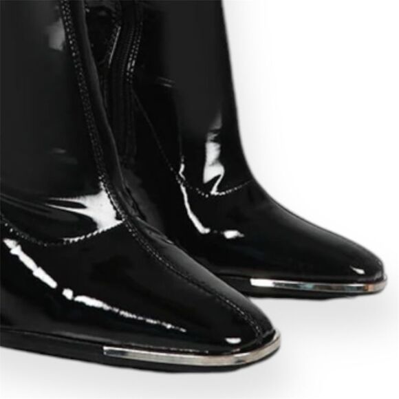 Public Desire Caryn Black Patent Wide High Block High Heel Boots Silver Tip Sz 6 - Picture 6 of 13